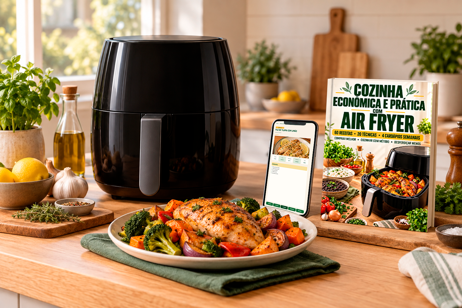 Air Fryer, prato pronto, smartphone com a Receita 25 e ebook em uma cozinha clara