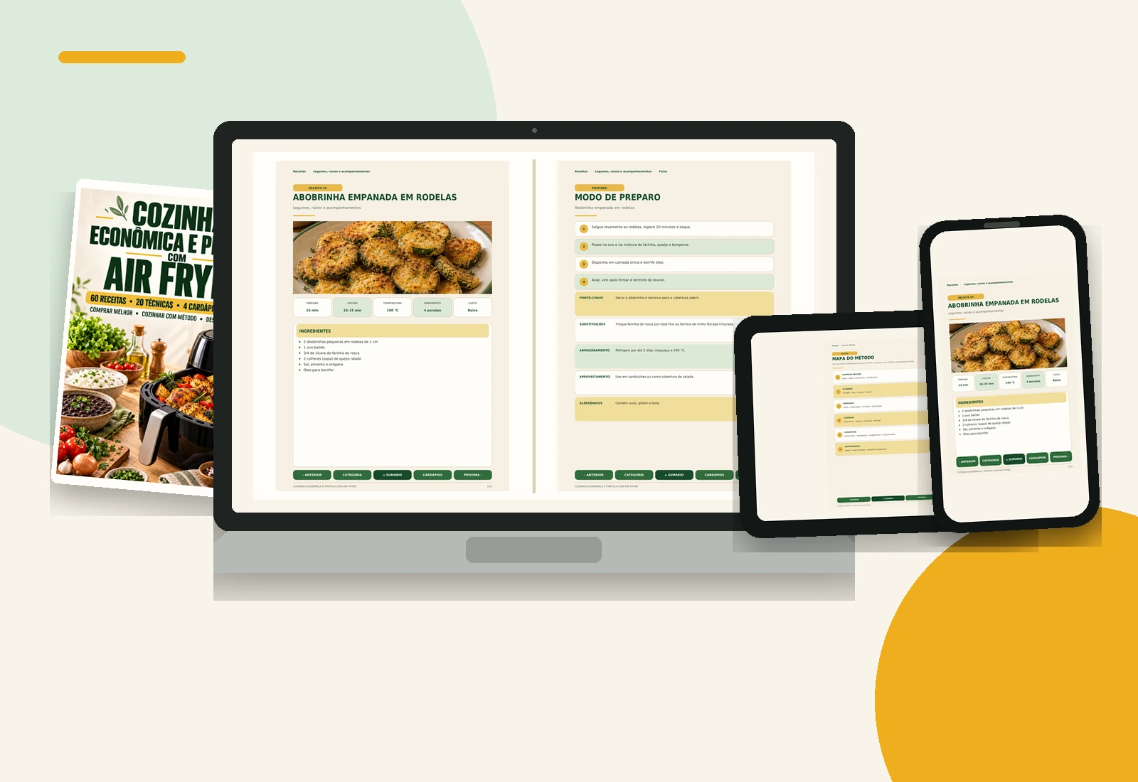 Mockup com capa digital, notebook, tablet e smartphone exibindo páginas reais do ebook
