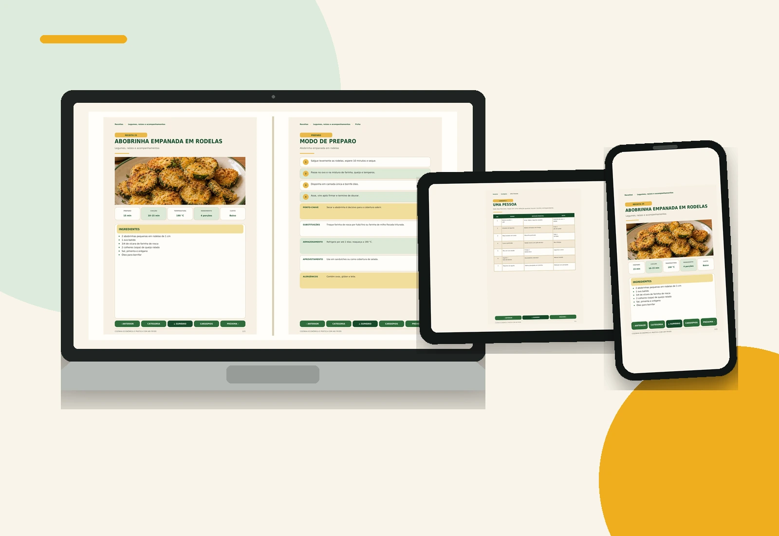 Notebook, tablet e smartphone com receitas e cardápio em páginas reais do ebook
