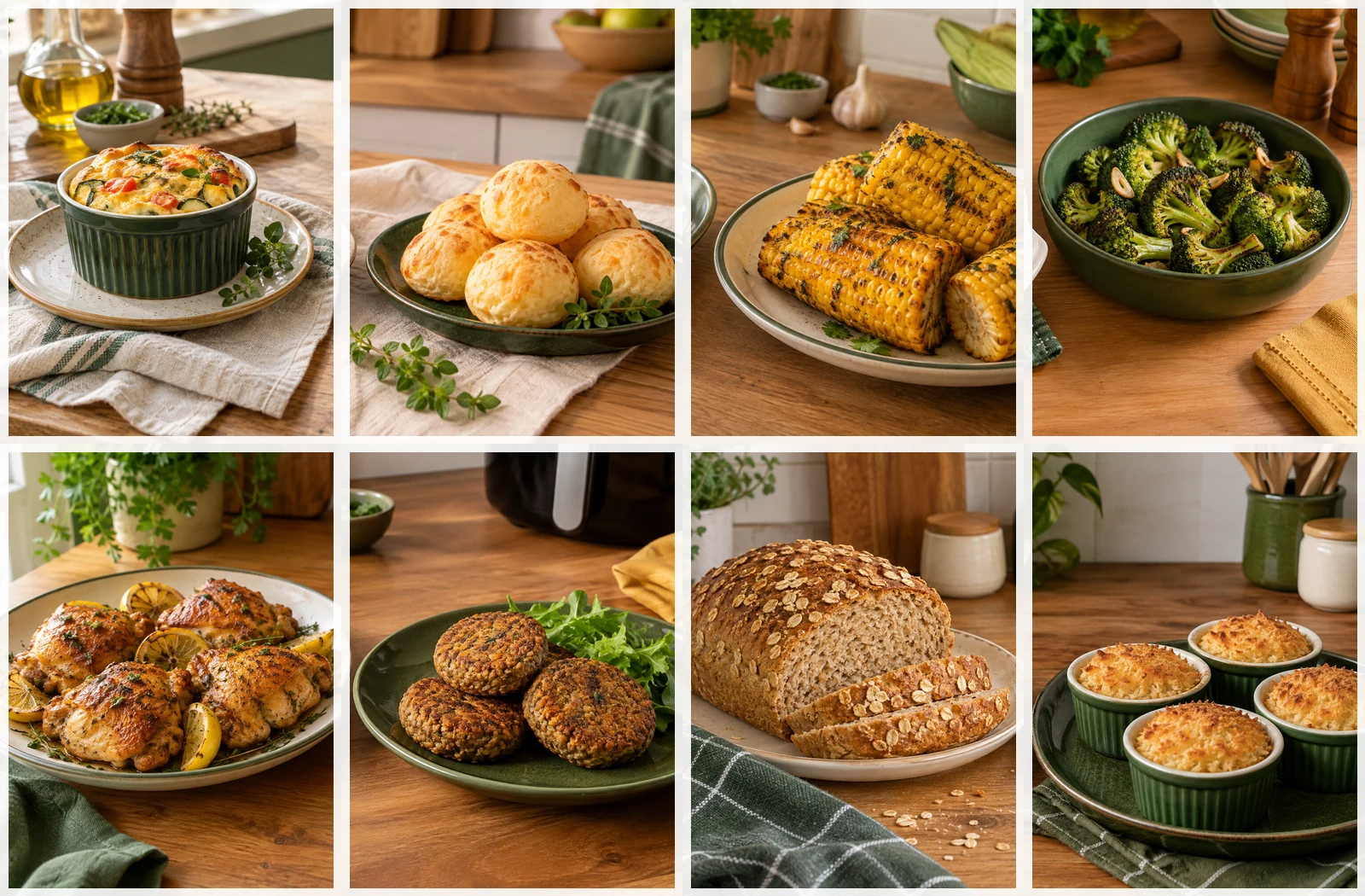 Mosaico com oito fotografias reais de receitas presentes no ebook