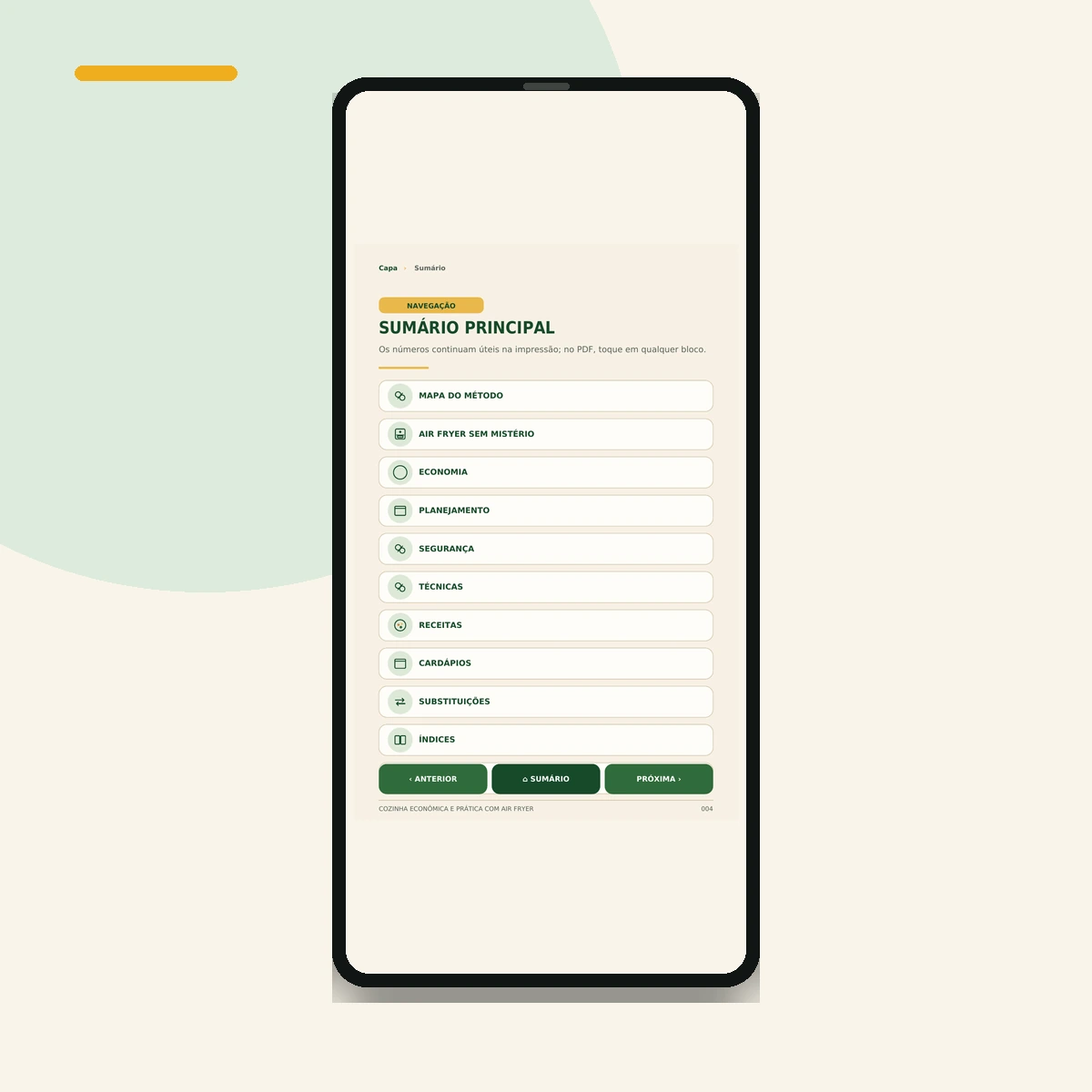 Smartphone com o Sumário Principal completo, centralizado e com os botões inferiores visíveis