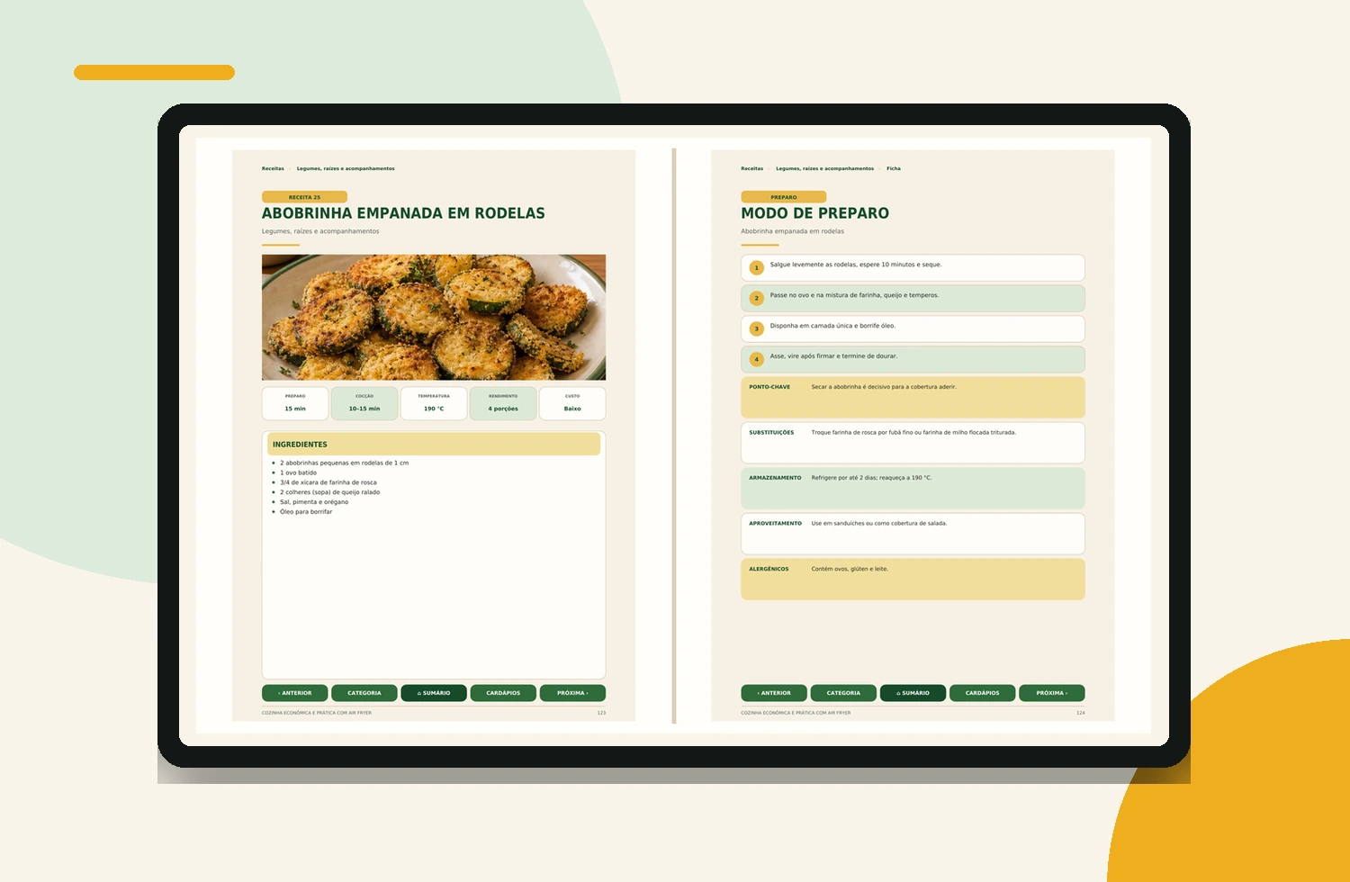Tablet com a Receita 25 e seu modo de preparo em duas páginas reais completas