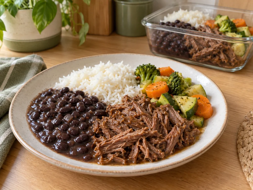 Refeição com arroz, feijão e carne de panela desfiada