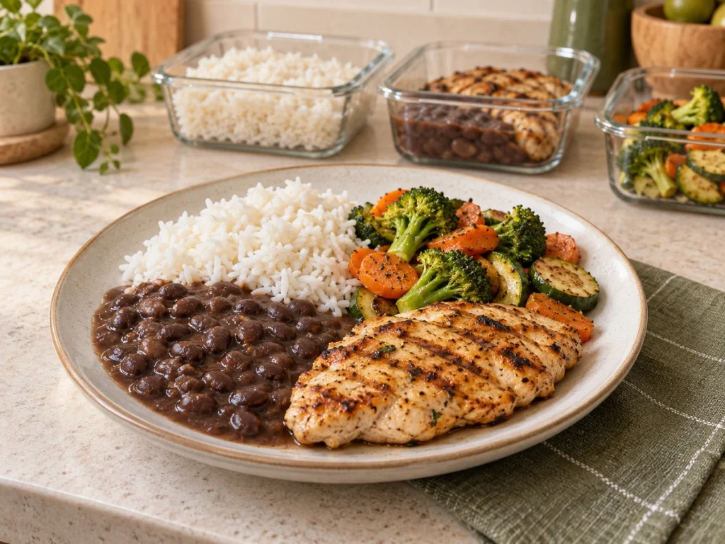 Refeição com arroz, feijão, frango grelhado e legumes