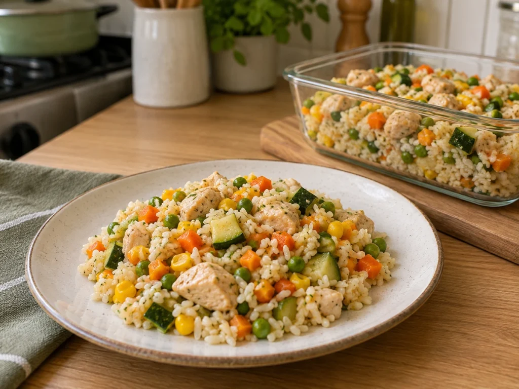 Arroz com frango e legumes em uma única preparação