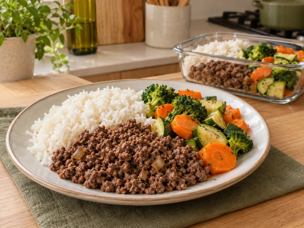 Refeição com carne moída, arroz e legumes