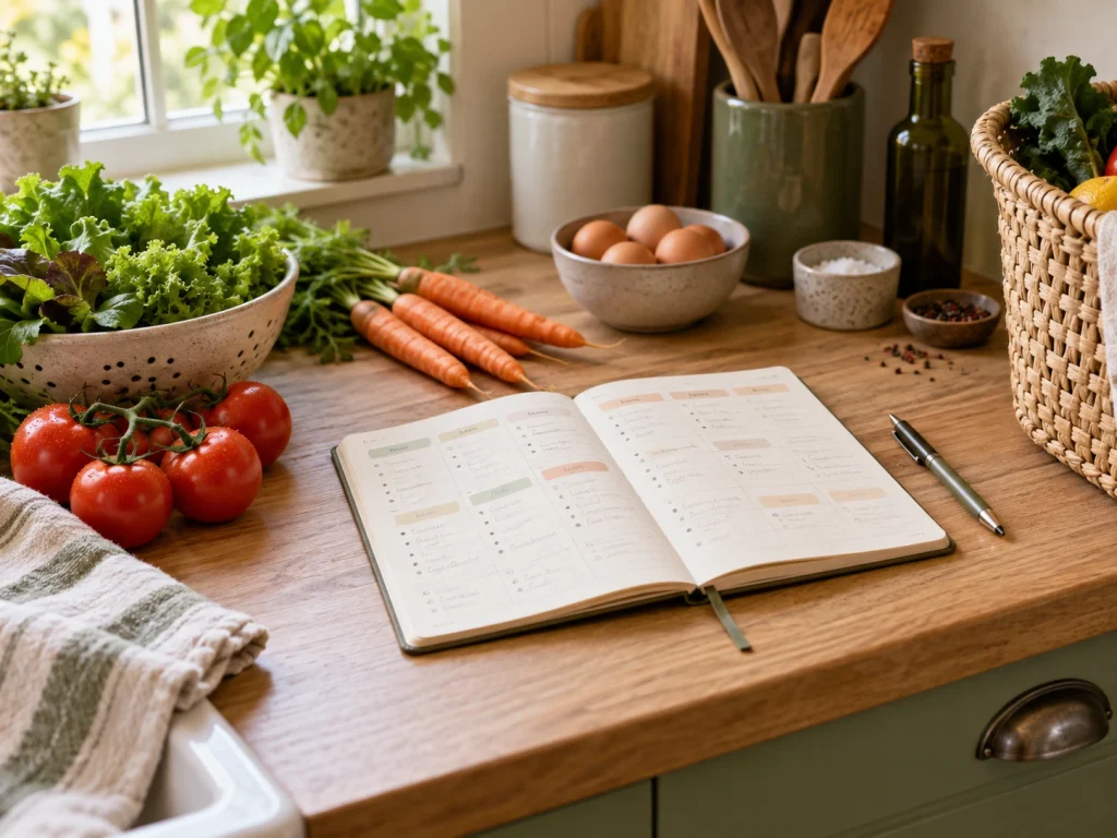 Planejamento das refeições da semana com ingredientes organizados sobre a bancada