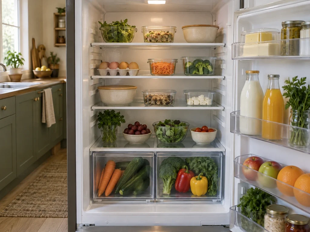 Alimentos organizados na geladeira para conferir o que já existe antes de planejar as refeições