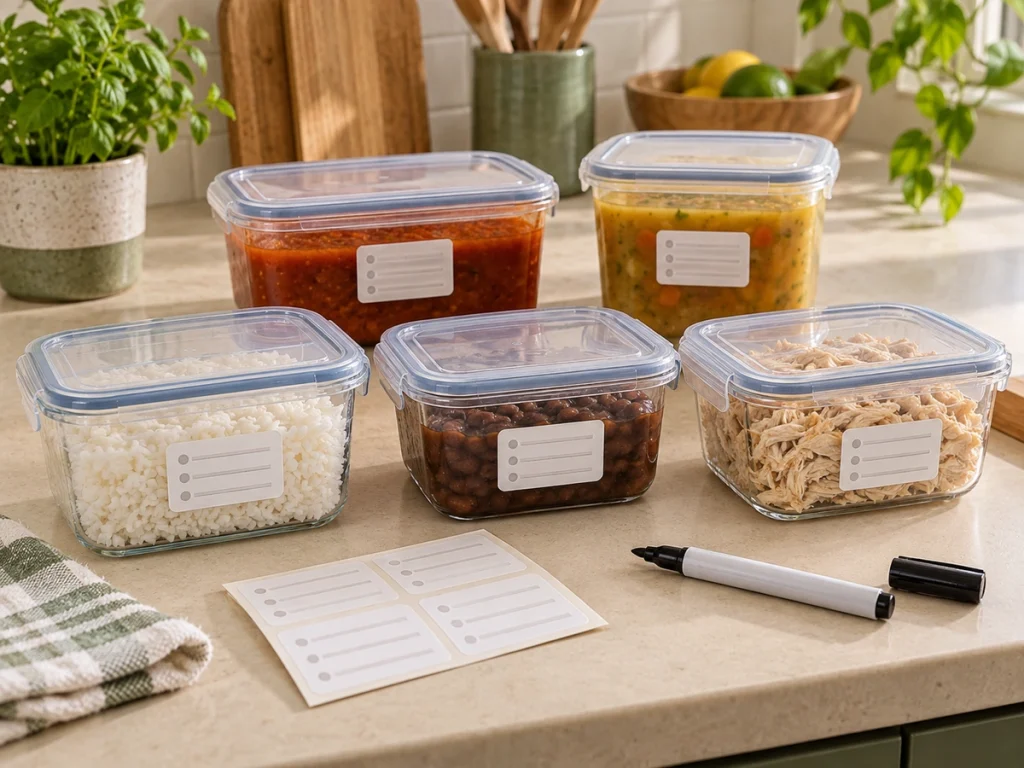 Recipientes de comida pronta identificados com etiquetas antes do congelamento