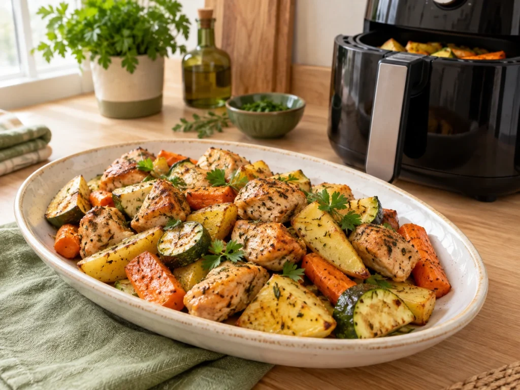 Frango com batatas e legumes preparado na Air Fryer