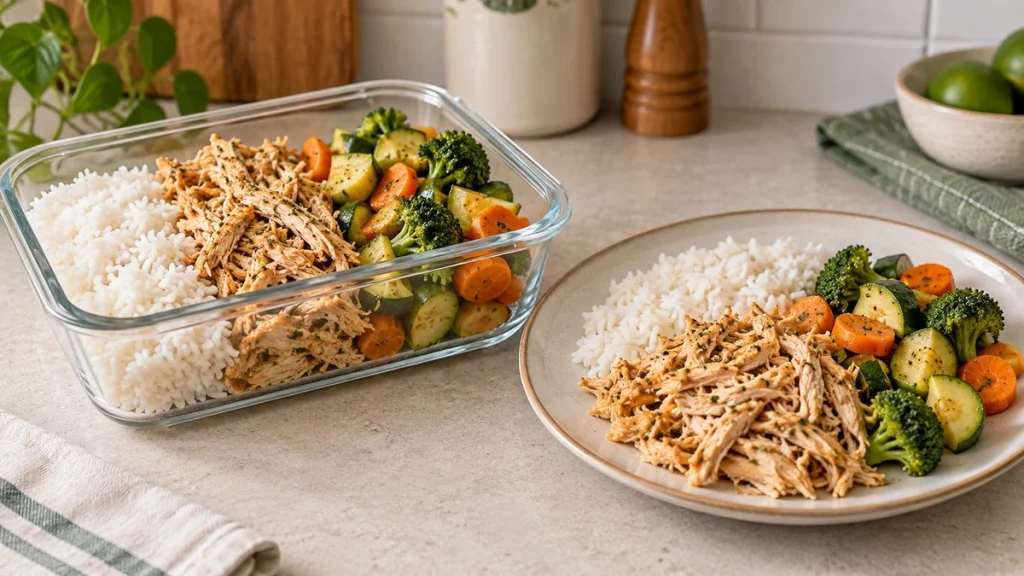 Refeição prática com frango desfiado, arroz e legumes