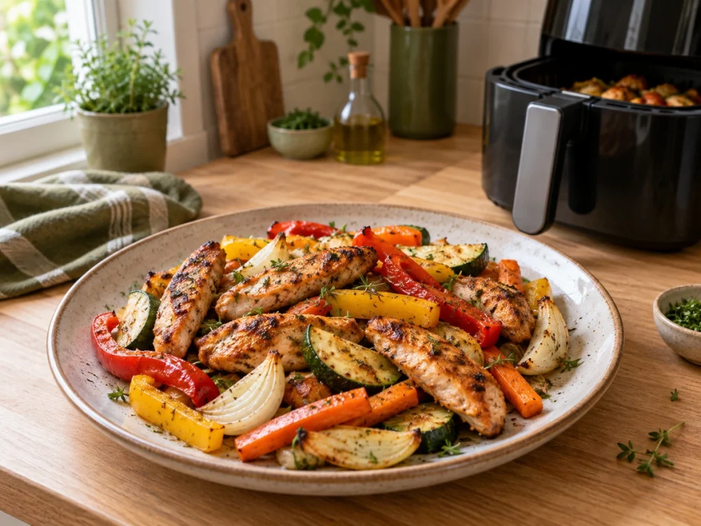 Frango em tiras com legumes preparado na Air Fryer