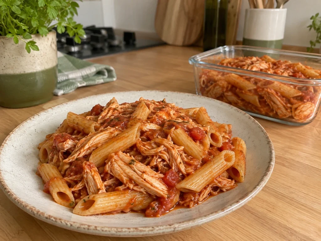Macarrão com molho de tomate e frango desfiado