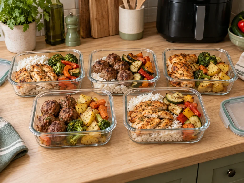 Refeições organizadas para cinco dias com preparações feitas na Air Fryer