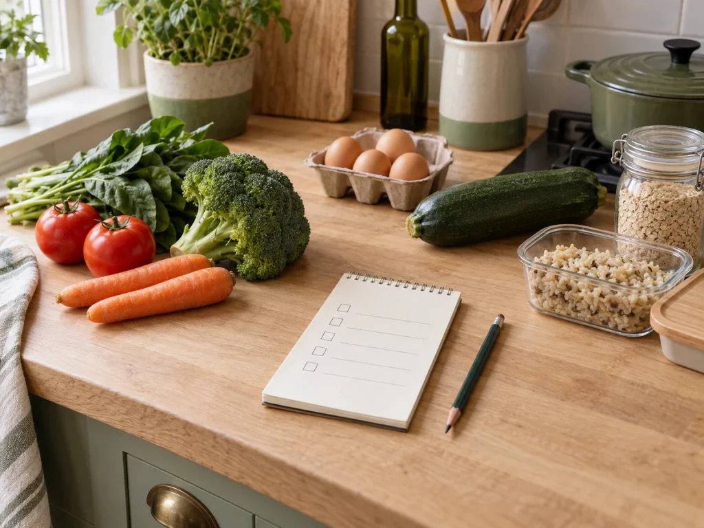 Lista de compras planejada com ingredientes necessários para evitar excesso e desperdício