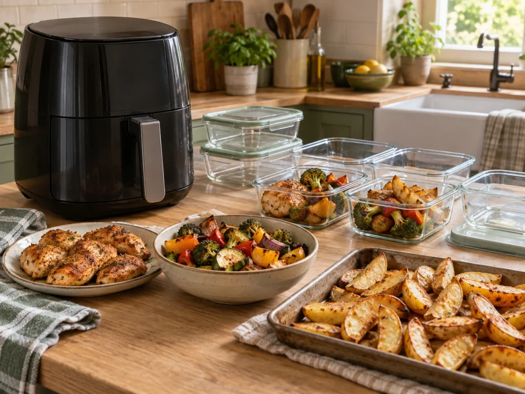 Preparações com frango, legumes e acompanhamentos feitas na Air Fryer para a semana
