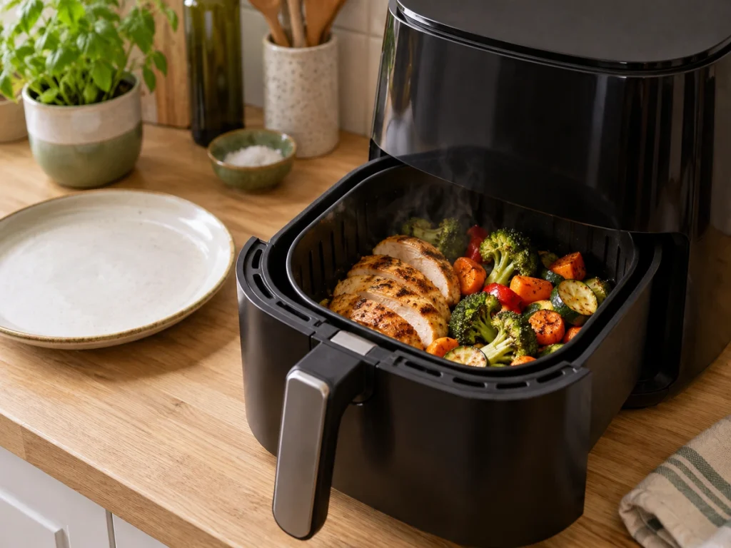 Refeição sendo reaquecida na Air Fryer para recuperar parte da textura