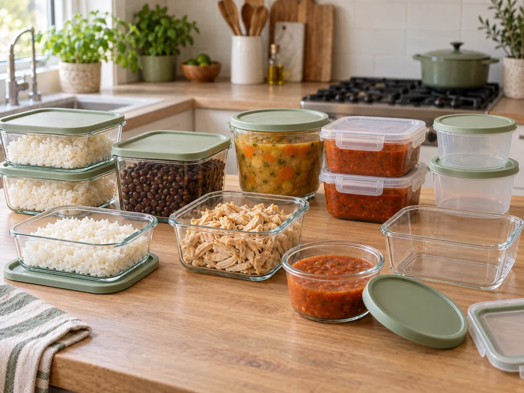 Recipientes com comida pronta separados em porções para congelamento
