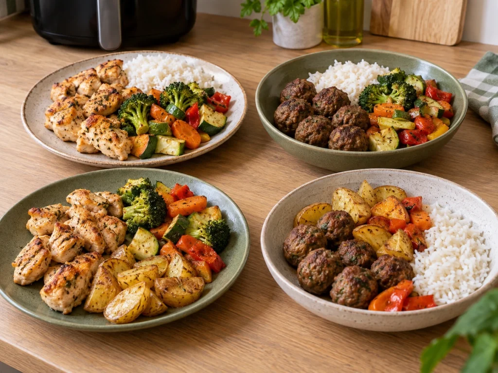 Diferentes refeições montadas com as mesmas preparações feitas na Air Fryer