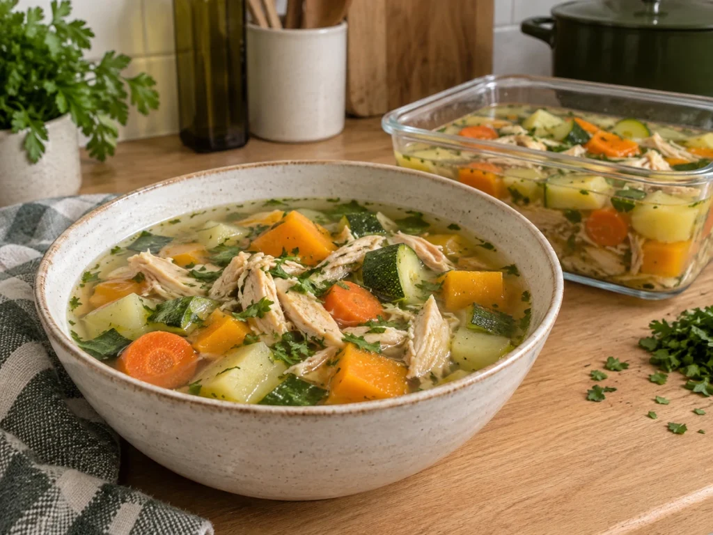 Sopa caseira de legumes com frango desfiado